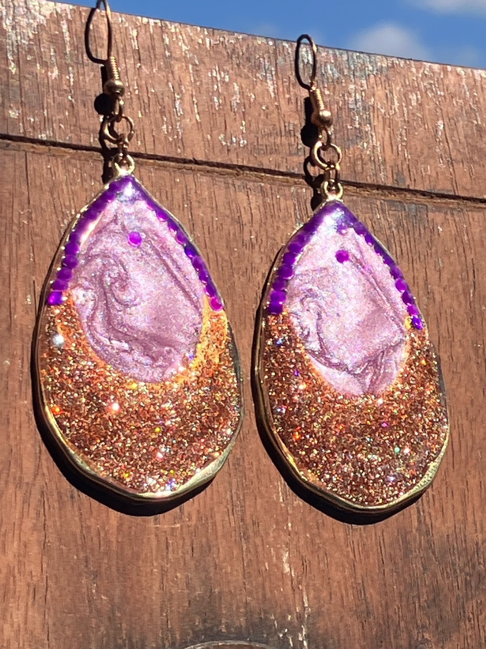 Purple and brown resin teardrop dangle earrings